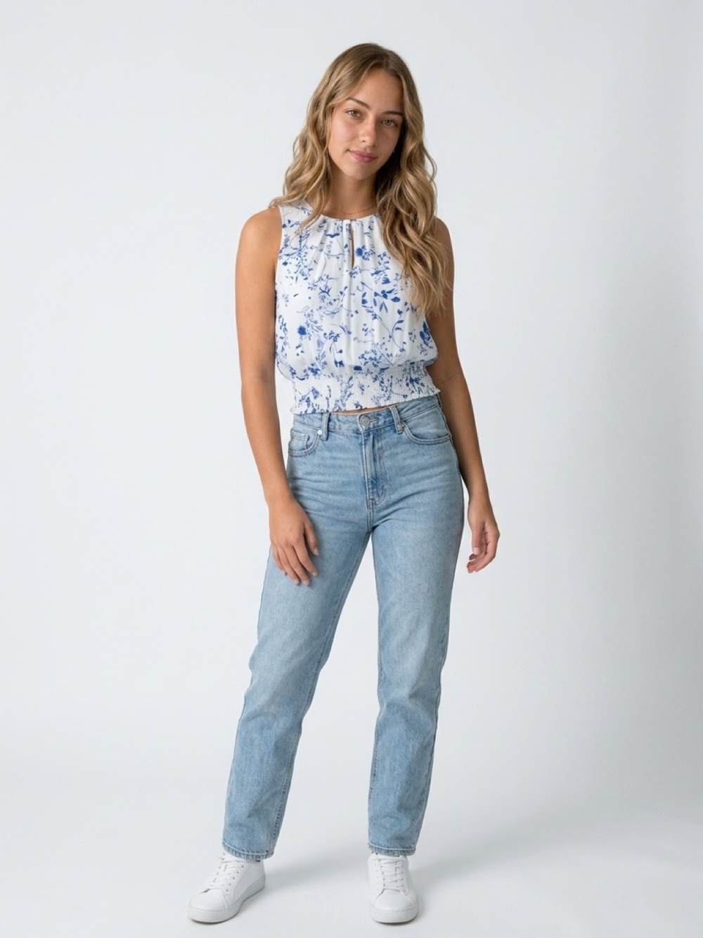 I.N.C. Women's 2XL Blue Floral Sleeveless Smocked Blouse Casual